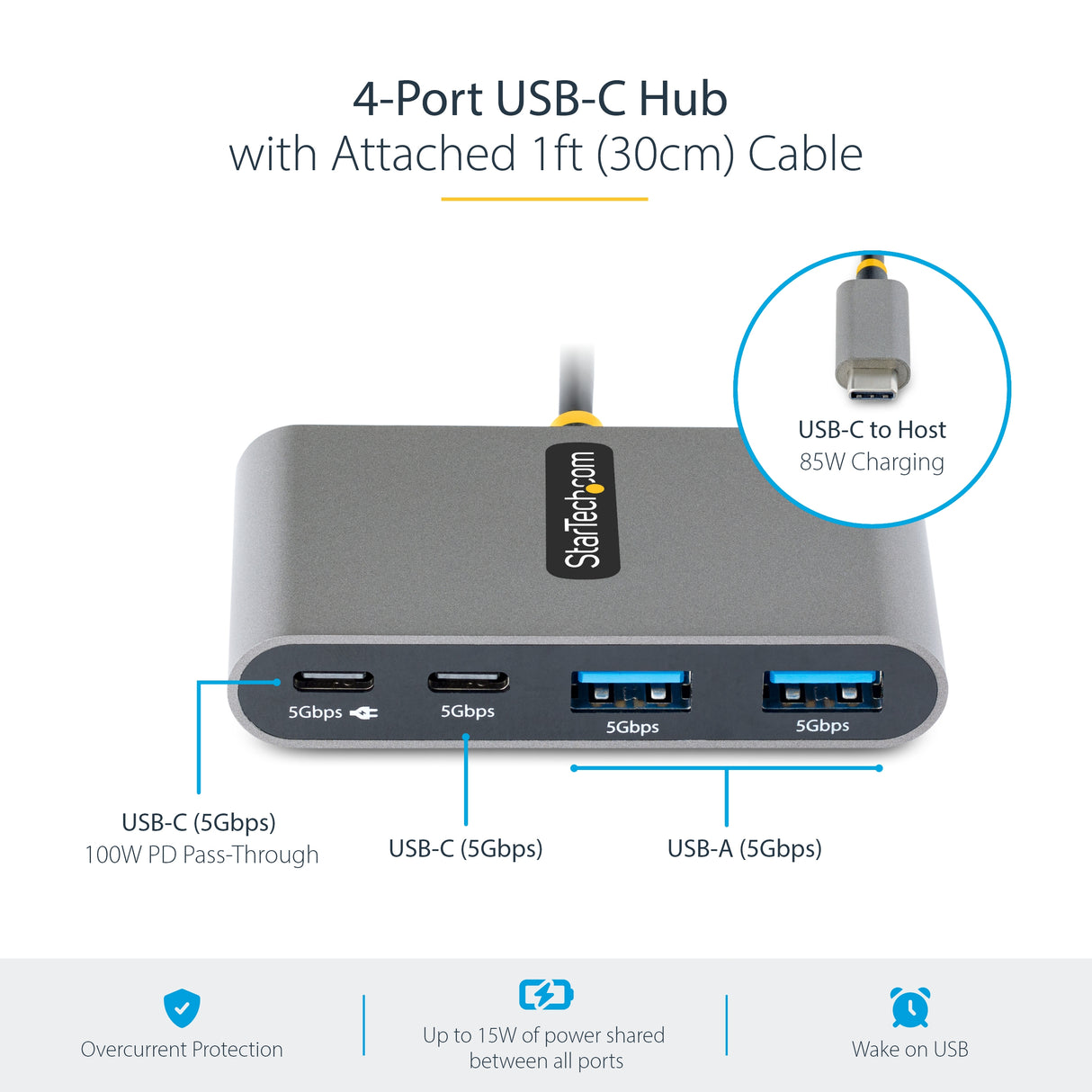 STARTECH 4-Port USB-C Hub with 100W Power Delivery Pass-Through - 2x USB-A + 2x USB-C - 5Gbps - 1ft (30cm) Long Cable - Portable USB Type-C to USB-A|C Hub - USB-C Splitter (5G2A2CPDB-USB-C-HUB) (5G2A2CPDB-USB-C-HUB)
