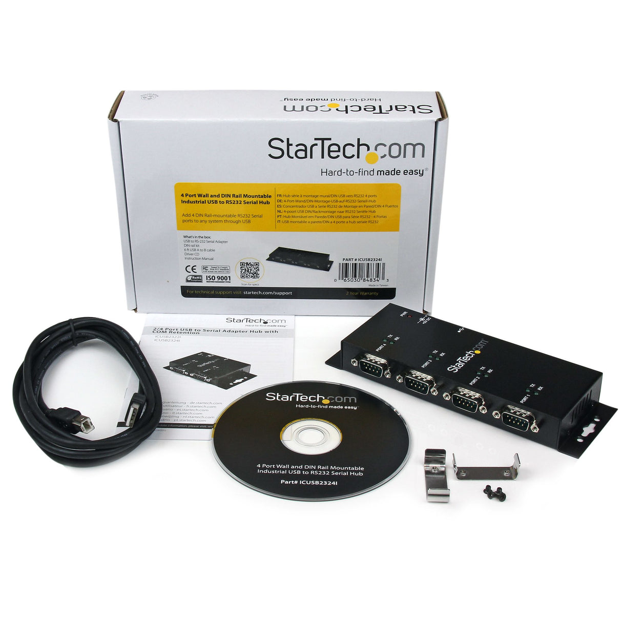 STARTECH 4 Port USB to Serial RS232 Adapter - Wall Mount - Din Rail - COM Port Retention - FTDI USB to DB9 RS232 Hub (ICUSB2324I) (ICUSB2324I)