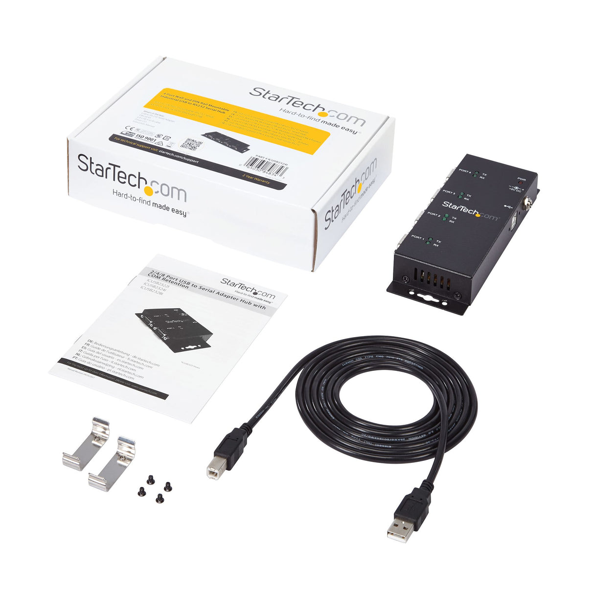 STARTECH 4 Port USB to Serial RS232 Adapter - Wall Mount - Din Rail - COM Port Retention - FTDI USB to DB9 RS232 Hub (ICUSB2324I) (ICUSB2324I)