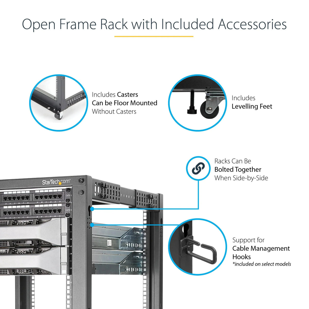 STARTECH 4-Post 12U Mobile Open Frame Server Rack | 19in Network Rack with Wheels | Rolling Rack for Computer|AV|Data|IT Equipment - Casters | Leveling Feet or Floor Mounting (4POSTRACK12U) (4POSTRACK12U)