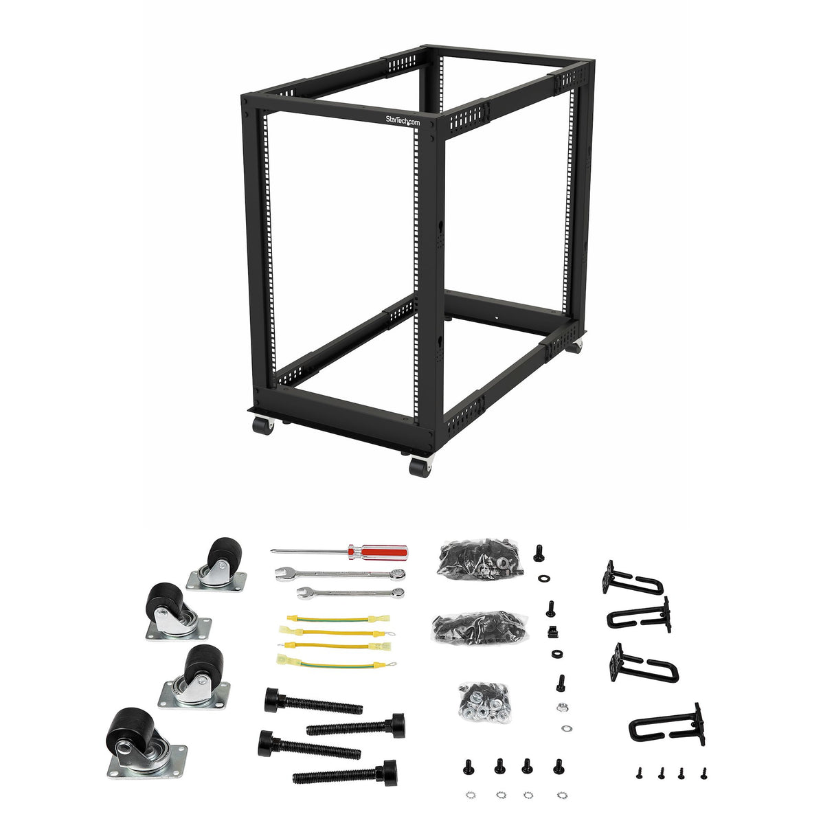 STARTECH 4-Post 18U Mobile Open Frame Server Rack | 19in Network Rack with Wheels | Rolling Rack for Computer|AV|Data|IT Equipment - Casters | Leveling Feet or Floor Mounting (4POSTRACK18U) (4POSTRACK18U)