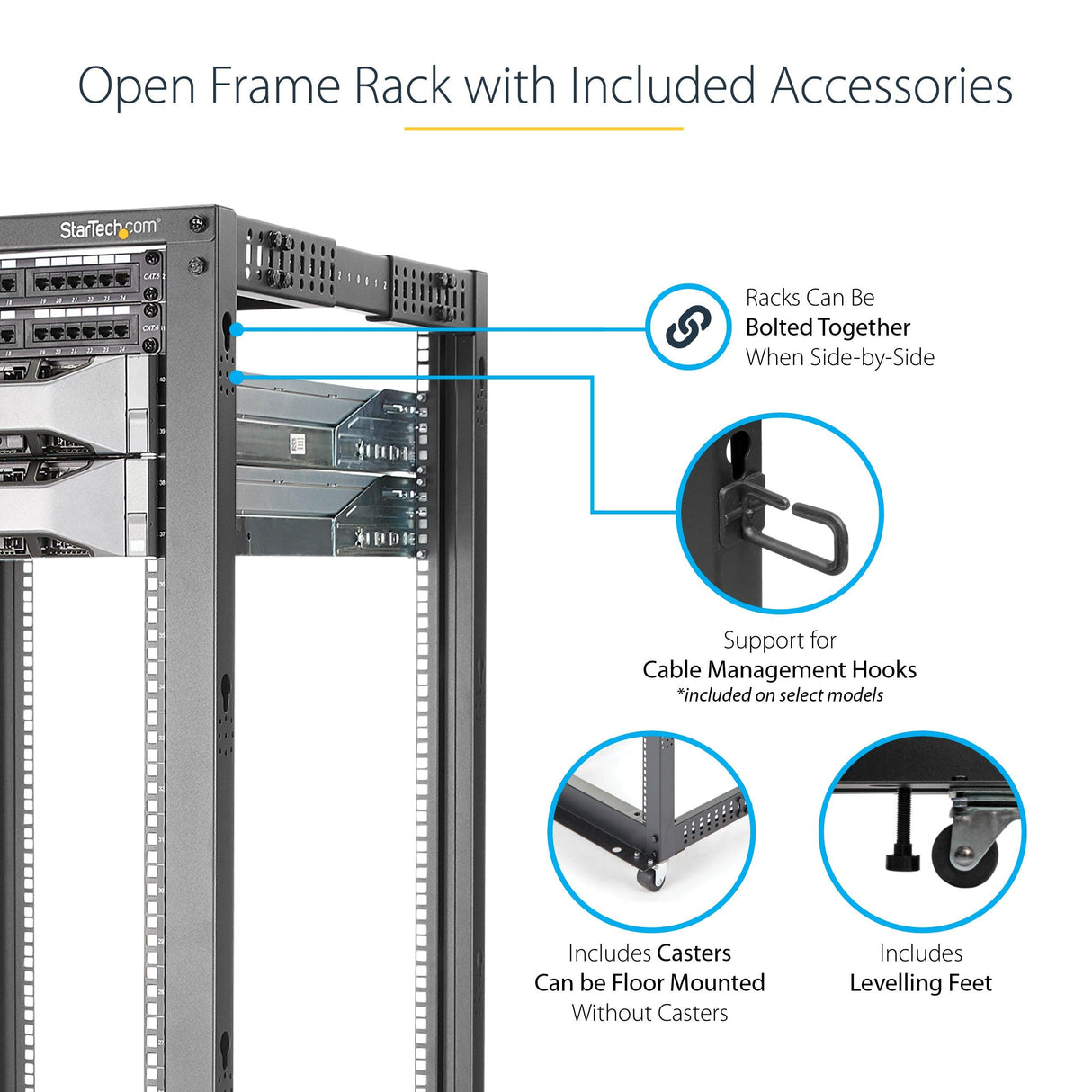 STARTECH 4-Post 25U Mobile Open Frame Server Rack | 19in Network Rack with Wheels | Rolling Rack for Computer|AV|Data|IT Equipment - Casters | Leveling Feet or Floor Mounting (4POSTRACK25U) (4POSTRACK25U)