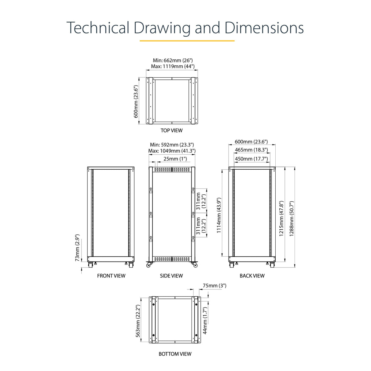 STARTECH 4-Post 25U Mobile Open Frame Server Rack | 19in Network Rack with Wheels | Rolling Rack for Computer|AV|Data|IT Equipment - Casters | Leveling Feet or Floor Mounting (4POSTRACK25U) (4POSTRACK25U)
