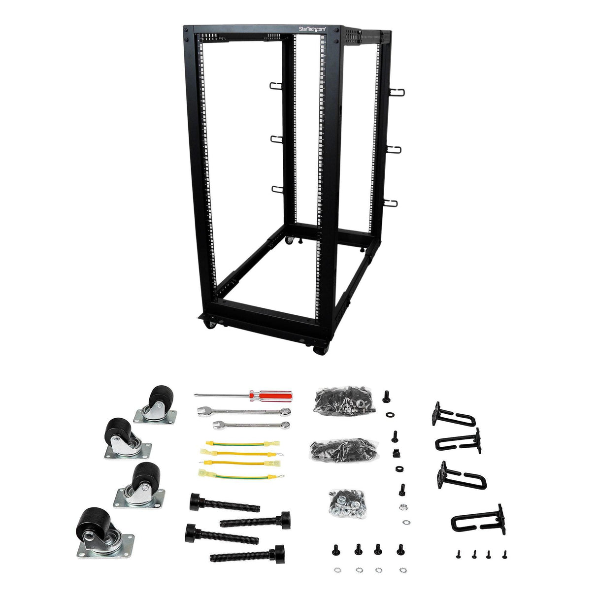 STARTECH 4-Post 25U Mobile Open Frame Server Rack | 19in Network Rack with Wheels | Rolling Rack for Computer|AV|Data|IT Equipment - Casters | Leveling Feet or Floor Mounting (4POSTRACK25U) (4POSTRACK25U)