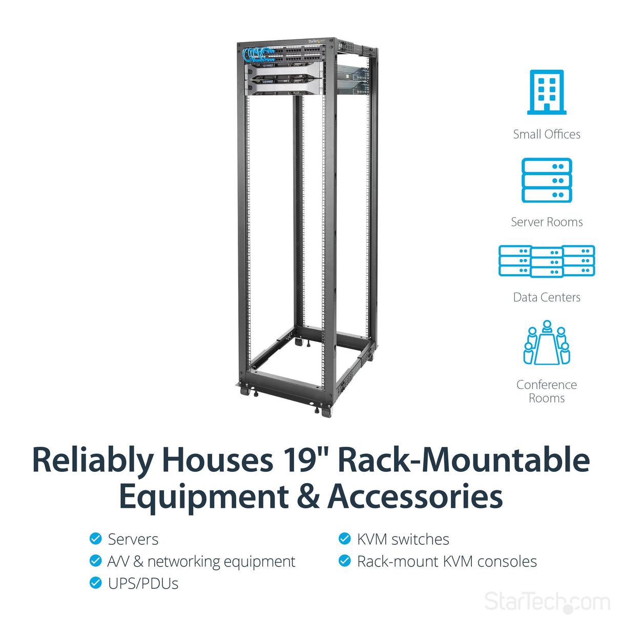 STARTECH 4-Post 42U Mobile Open Frame Server Rack | 19in Network Rack with Wheels | Rolling Rack for Computer|AV|Data|IT Equipment - Casters | Leveling Feet or Floor Mounting (4POSTRACK42) (4POSTRACK42)