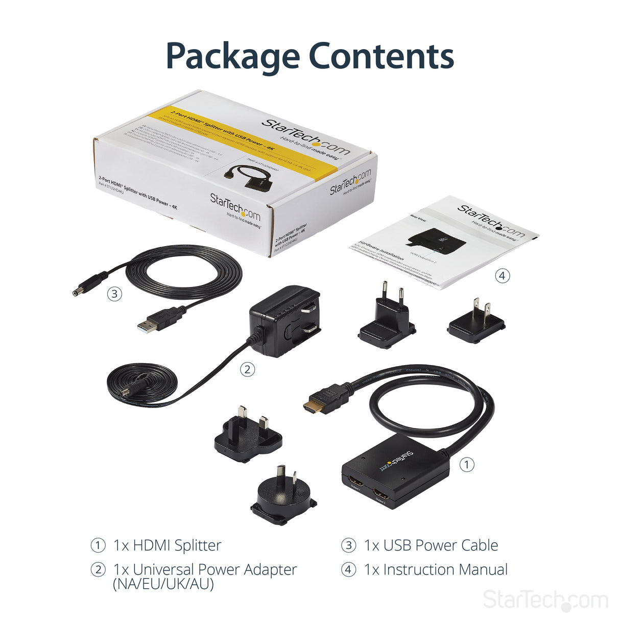 STARTECH 4K HDMI Splitter 1 In 2 Out - 4K 30Hz HDMI 1.4 2 Port Video Splitter Box -with high speed HDMI cable | USB power cable - Black (ST122HD4KU) (ST122HD4KU)