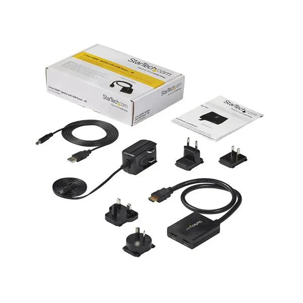 STARTECH 4K HDMI Splitter 1 In 2 Out - 4K 30Hz HDMI 1.4 2 Port Video Splitter Box -with high speed HDMI cable | USB power cable - Black (ST122HD4KU) (ST122HD4KU)