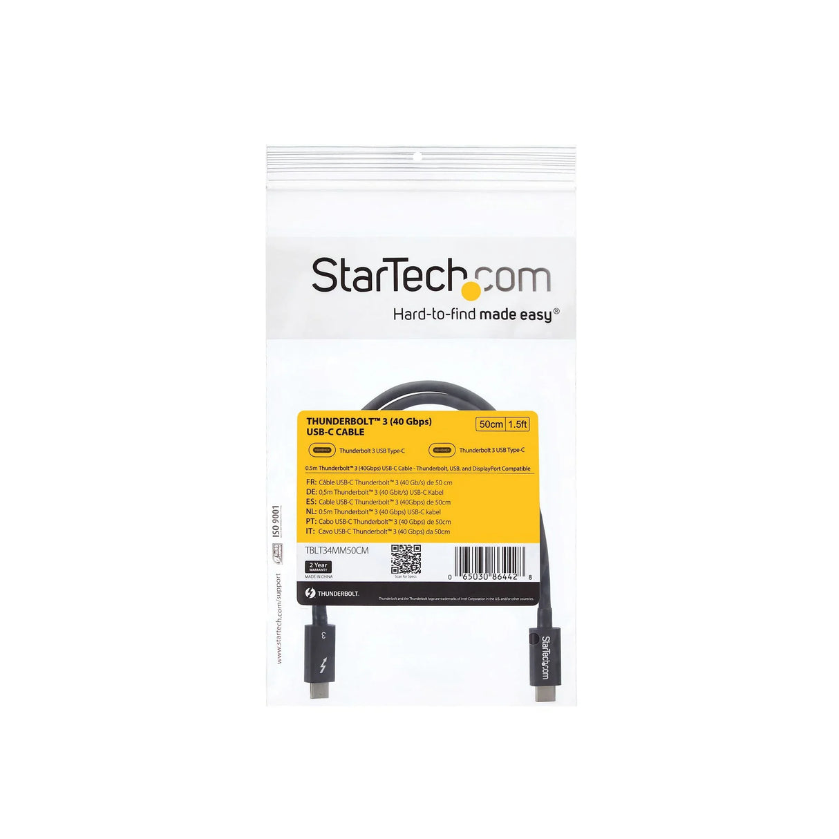 STARTECH 50cm (1.6ft) Passive Thunderbolt 3 Cable | 40Gbps | 100W PD | 4K|5K Video | Thunderbolt Cable | Compatible with USB4|DP Alt Mode | Thunderbolt 4 | USB 3.2|Type-C (TBLT34MM50CM) (TBLT34MM50CM)