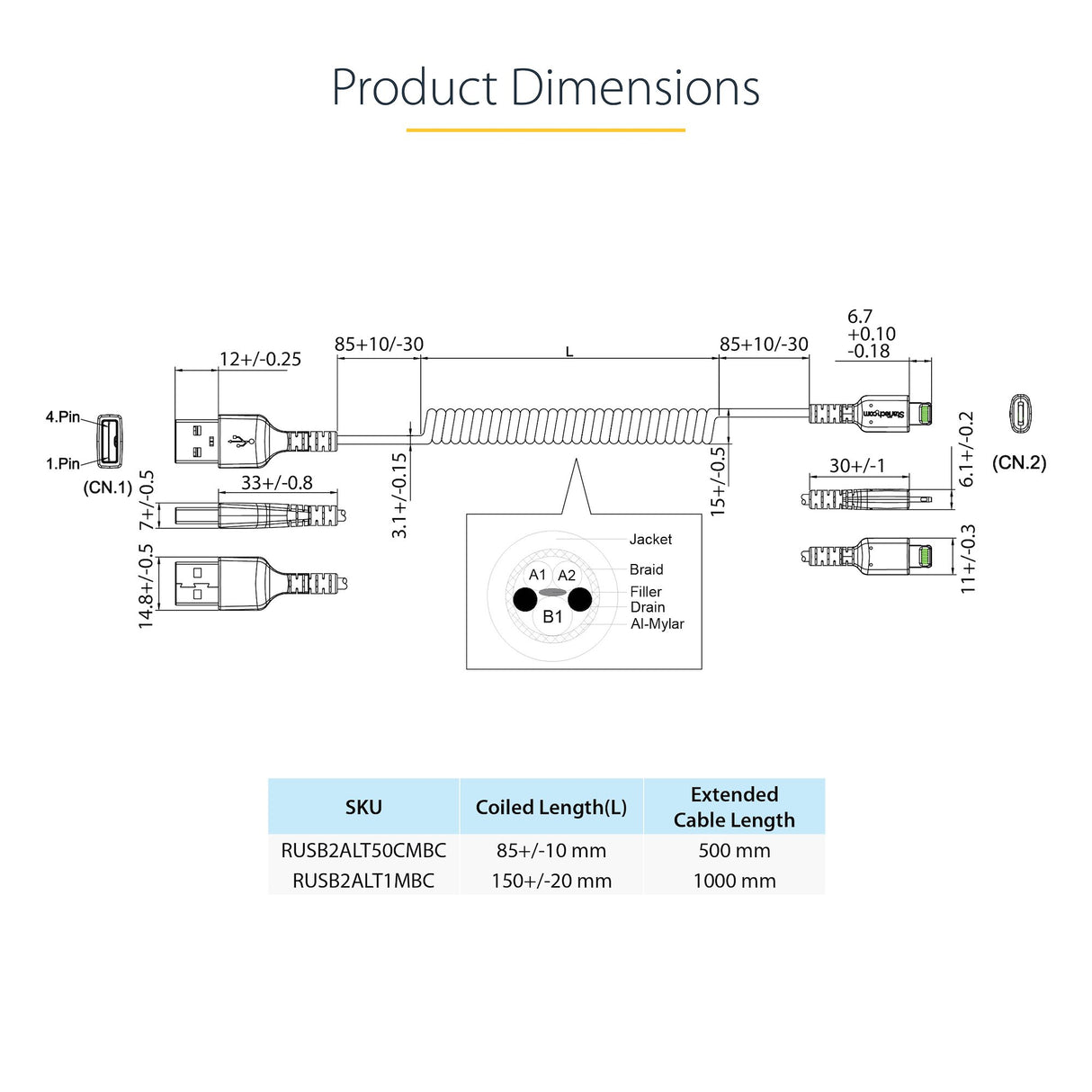 STARTECH 50cm (20in) USB to Lightning Cable | MFi Certified | Coiled iPhone Charger Cable | Black | Durable TPE Jacket Aramid Fiber | Heavy Duty Coil Lightning Cable (RUSB2ALT50CMBC) (RUSB2ALT50CMBC)