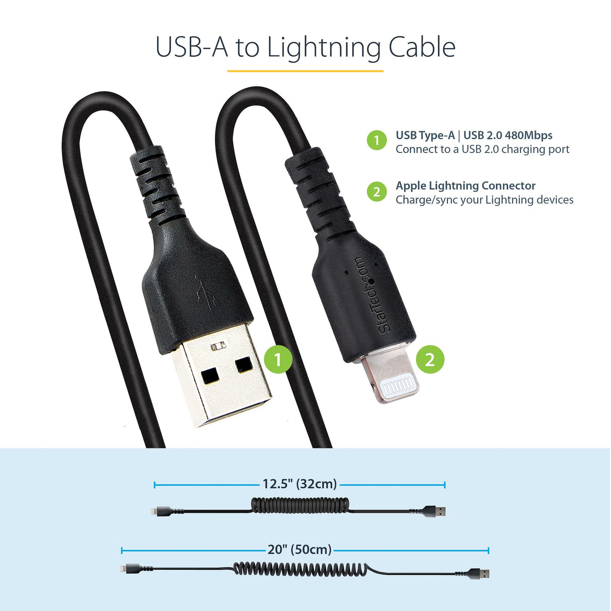 STARTECH 50cm (20in) USB to Lightning Cable | MFi Certified | Coiled iPhone Charger Cable | Black | Durable TPE Jacket Aramid Fiber | Heavy Duty Coil Lightning Cable (RUSB2ALT50CMBC) (RUSB2ALT50CMBC)