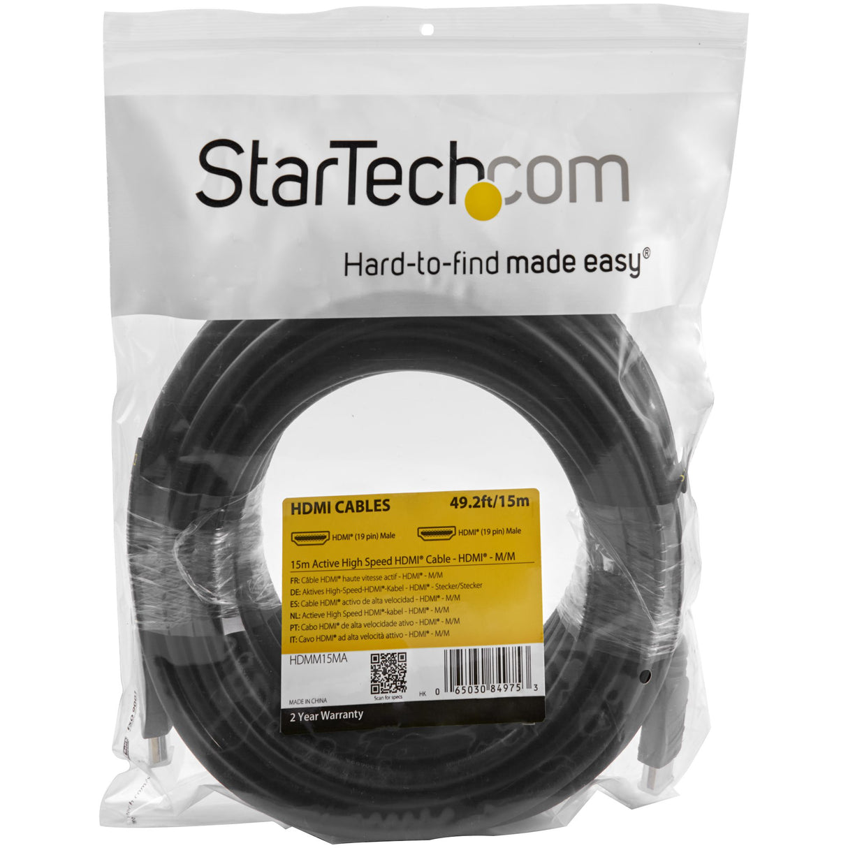 STARTECH 50ft (15m) Active HDMI Cable - 4K High Speed HDMI Cable with Ethernet - CL2 Rated for In-Wall Install - 4K 30Hz Video - HDMI 1.4 Cord - For HDMI Monitor | Projector | TV | Display (HDMM15MA) (HDMM15MA)