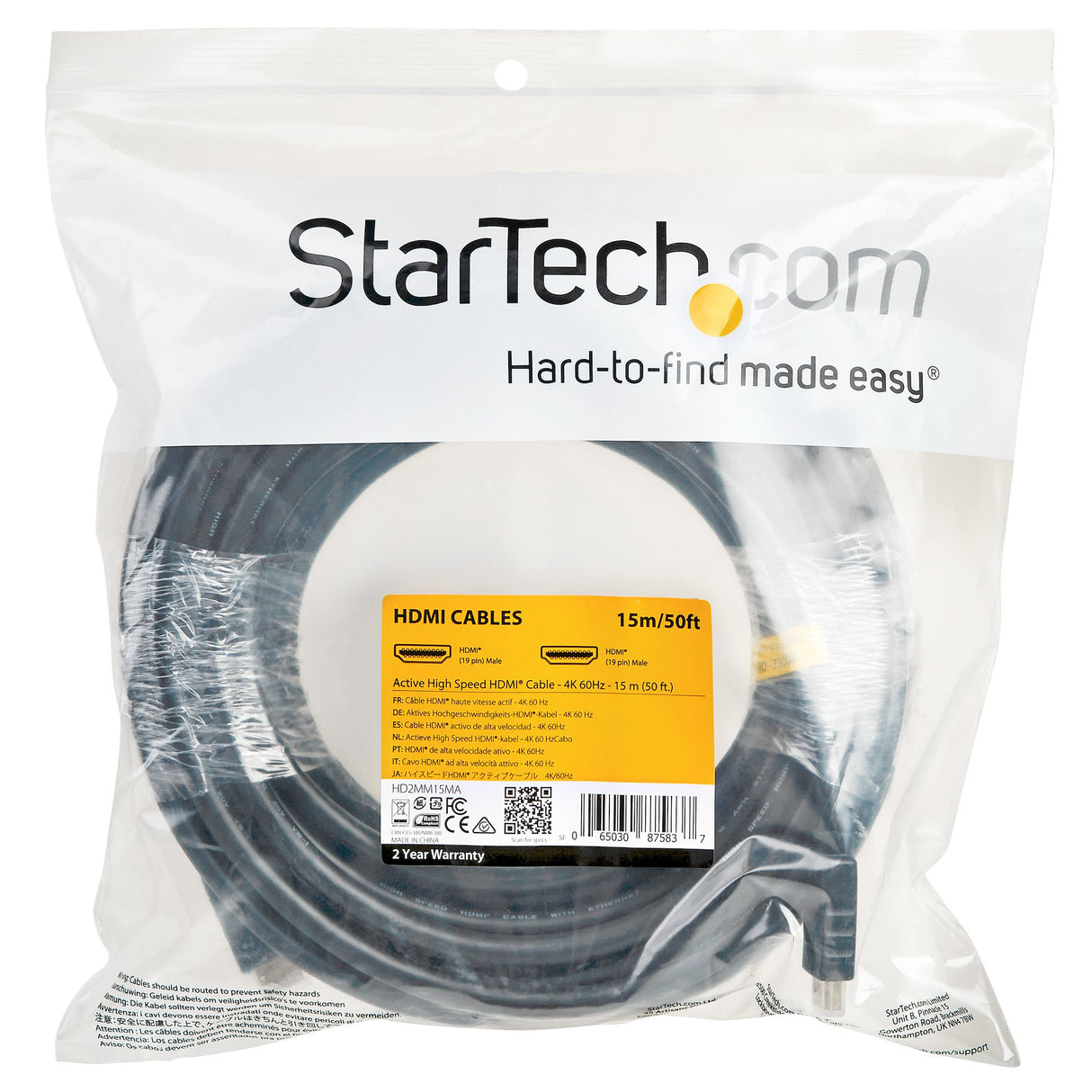STARTECH 50ft (15m) HDMI 2.0 Cable - 4K 60Hz Active HDMI Cable - CL2 Rated for In Wall Installation - Long Durable High Speed UHD HDMI Cable - HDR | 18Gbps - Male to Male Cord - Black (HD2MM15MA) (HD2MM15MA)