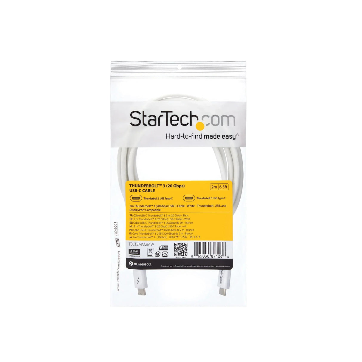 STARTECH 6.6ft (2m) Passive Thunderbolt 3 Cable | 20Gbps | 100W PD | 4K Video | Thunderbolt Cable | Compatible with USB4|DP Alt Mode | Thunderbolt 4 | USB 3.2|Type-C (TBLT3MM2MW) (TBLT3MM2MW)