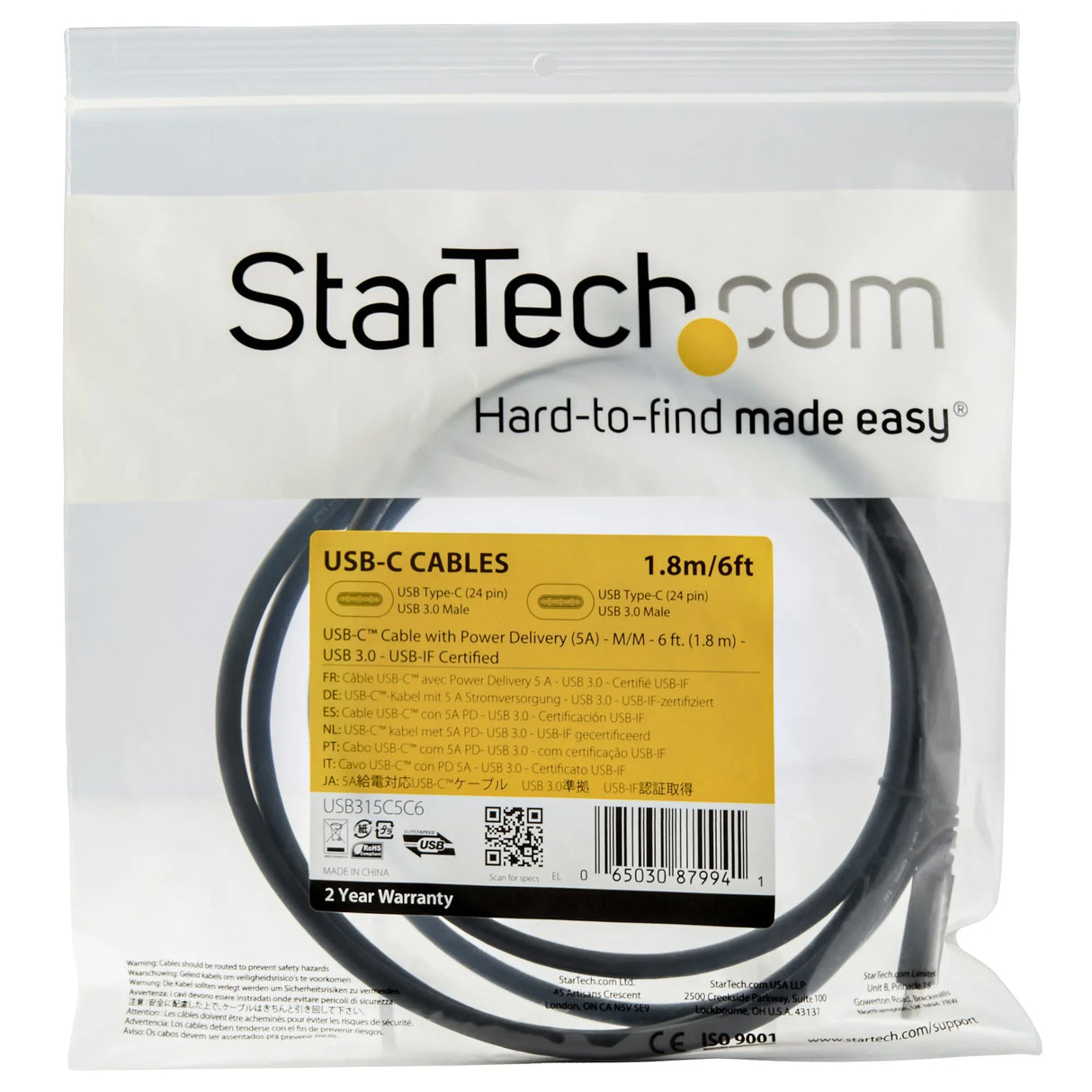 STARTECH 6 ft (1.8 m) USB C to USB C Cable - 5A | 100W PD 3.0 - Certified Works With Chromebook - USB-IF Certified - M|M - USB 3.0 5Gbps - USB C Charging Cable - USB Type C Cable (USB315C5C6) (USB315C5C6)