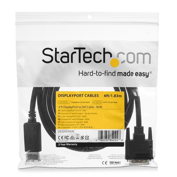 STARTECH 6ft (1.8m) DisplayPort to DVI Cable - 1080p Video - DisplayPort to DVI Adapter Cable - DP to DVI-D Converter Single Link - DP to DVI Monitor Cable - Latching DP Connector (DP2DVI2MM6) (DP2DVI2MM6)