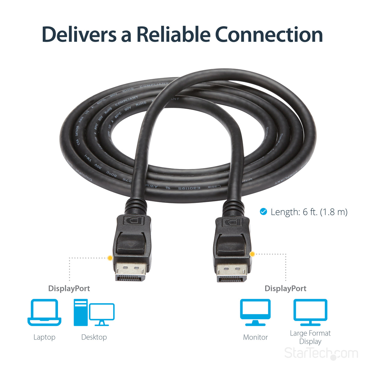 STARTECH 6ft (2m) DisplayPort 1.2 Cable - 4K x 2K Ultra HD - DP to DP Cable for Monitor - DP Video|Display Cord - Latching DP Connectors (DISPLPORT6L) (DISPLPORT6L)
