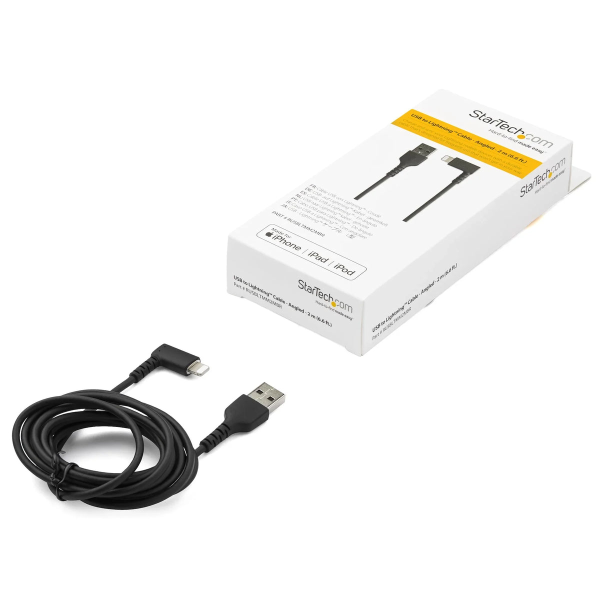 STARTECH 6ft (2m) Durable USB A to Lightning Cable - Black 90° Right Angled Heavy Duty Rugged Aramid Fiber USB Type A to Lightning Charging|Sync Cord - Apple MFi Certified - iPhone (RUSBLTMM2MBR) (RUSBLTMM2MBR)