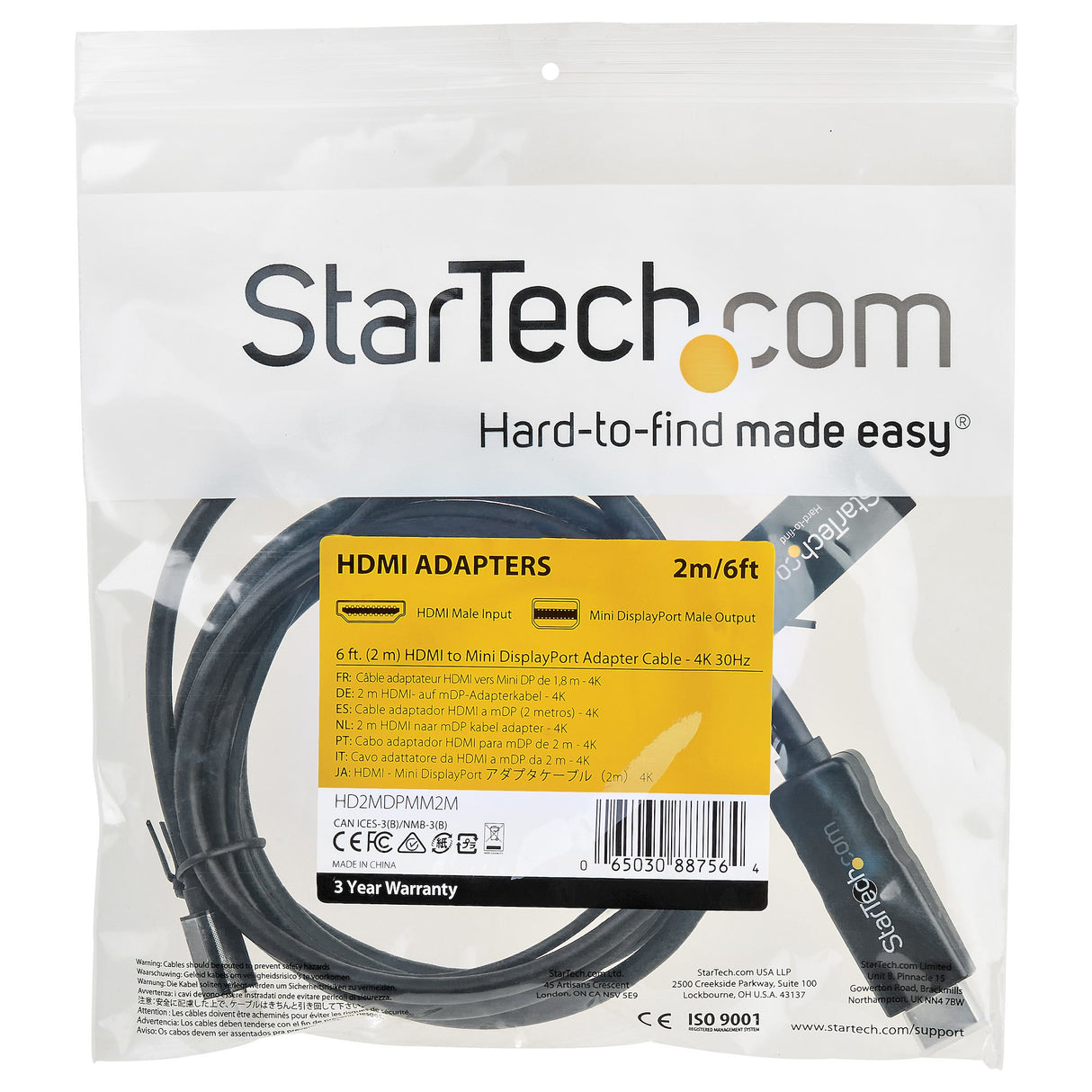 STARTECH 6ft (2m) HDMI to Mini DisplayPort Cable 4K 30Hz - Active HDMI to mDP Adapter Converter Cable with Audio - USB Powered - Mac & Windows - Male to Male Video Adapter Cable (HD2MDPMM2M) (HD2MDPMM2M)