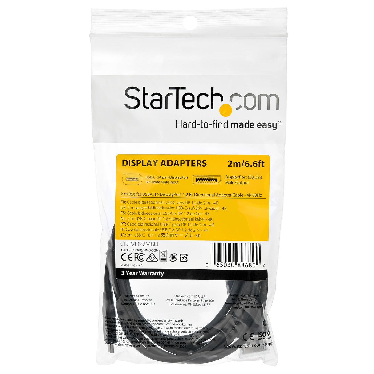 STARTECH 6ft (2m) USB C to DisplayPort 1.2 Cable 4K 60Hz - Bidirectional DP to USB-C or USB-C to DP Reversible Video Adapter Cable - HBR2|HDR - USB Type C|TB3 Monitor Cable (CDP2DP2MBD) (CDP2DP2MBD)