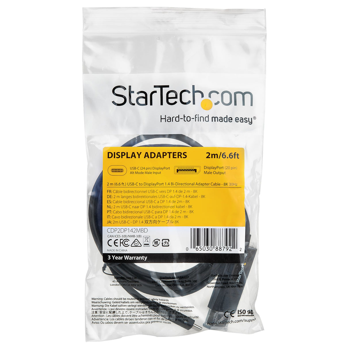 STARTECH 6ft (2m) USB C to DisplayPort 1.4 Cable 8K 60Hz|4K - Bidirectional DP to USB-C or USB-C to DP Reversible Video Adapter Cable -HBR3|HDR|DSC - USB Type C|TB3 Monitor Cable (CDP2DP142MBD) (CDP2DP142MBD)