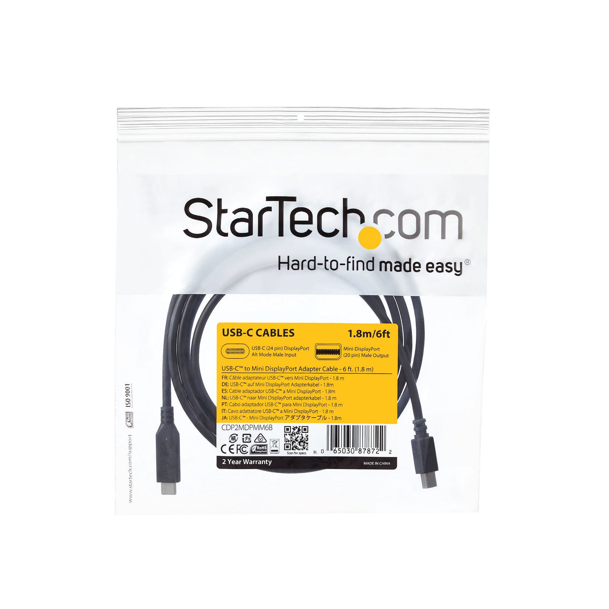 STARTECH 6ft | 2m USB-C to Mini DisplayPort Cable - 4K 60Hz - Black - USB 3.1 Type C to mDP Adapter (CDP2MDPMM6B) (CDP2MDPMM6B)
