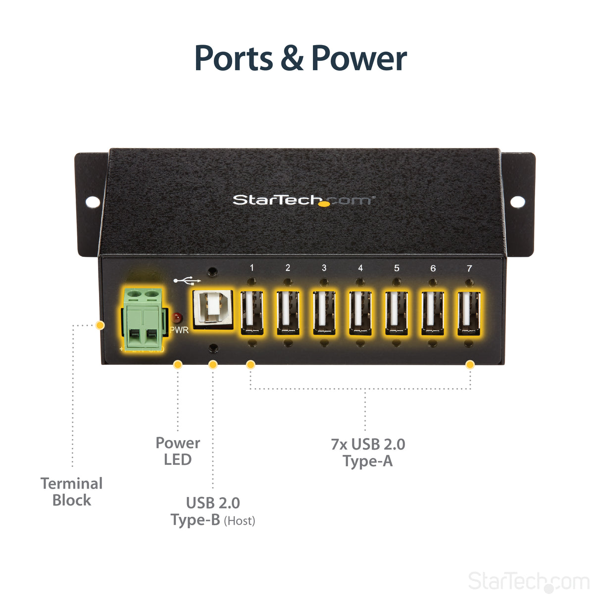 STARTECH 7-Port USB 2.0 Hub - Metal Industrial USB-A Hub with ESD Protection & 350W Surge Protection - Din Rail | Wall or Desk Mountable - TAA Compliant USB Expander Hub (ST7200USBM) (ST7200USBM)