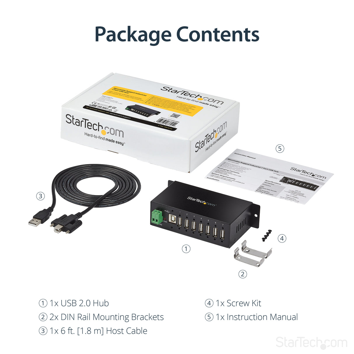 STARTECH 7-Port USB 2.0 Hub - Metal Industrial USB-A Hub with ESD Protection & 350W Surge Protection - Din Rail | Wall or Desk Mountable - TAA Compliant USB Expander Hub (ST7200USBM) (ST7200USBM)