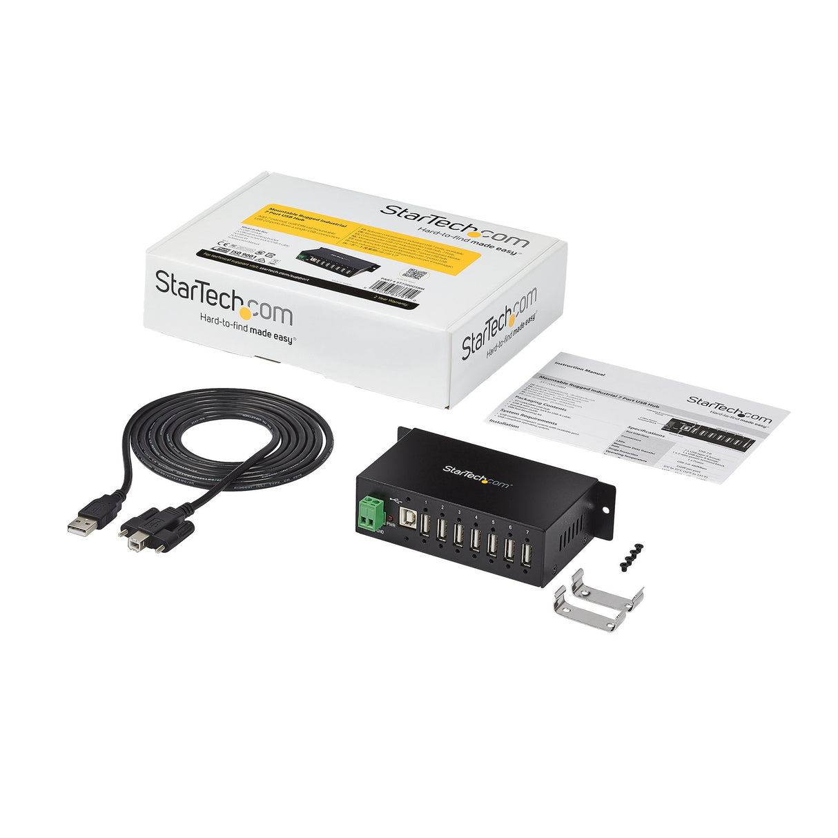 STARTECH 7-Port USB 2.0 Hub - Metal Industrial USB-A Hub with ESD Protection & 350W Surge Protection - Din Rail | Wall or Desk Mountable - TAA Compliant USB Expander Hub (ST7200USBM) (ST7200USBM)