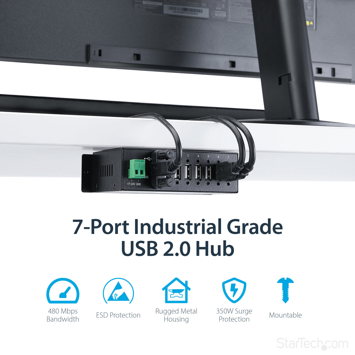 STARTECH 7-Port USB 2.0 Hub - Metal Industrial USB-A Hub with ESD Protection & 350W Surge Protection - Din Rail | Wall or Desk Mountable - TAA Compliant USB Expander Hub (ST7200USBM) (ST7200USBM)