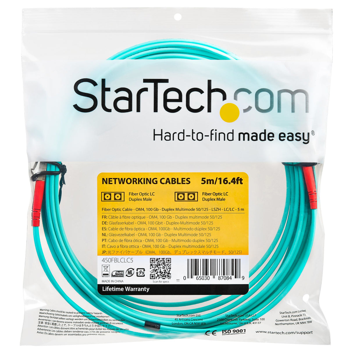 STARTECH Aqua OM4 Duplex Multimode Fiber | 16 ft | 5m | 100 Gb | 50|125 | OM4 Fiber | LC to LC Fiber Patch Cable (450FBLCLC5)