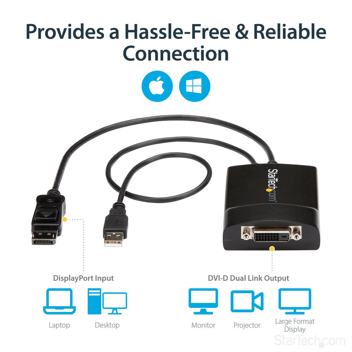 STARTECH DisplayPort to DVI Dual Link Active Adapter - DisplayPort to DVI-D Adapter Video Converter 2560x1600 60Hz - DP 1.2 to DVI Monitor - USB Powered - Latching DP Connector (DP2DVID2) (DP2DVID2)