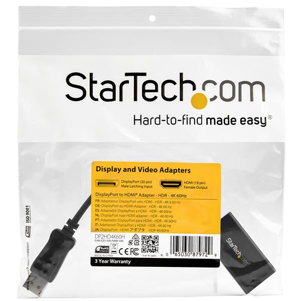 STARTECH DisplayPort to HDMI Adapter - 4K 60Hz HDR10 Active DisplayPort 1.4 to HDMI 2.0b Video Converter - 4K DP to HDMI Adapter Dongle for Monitor|Display|TV - Latching DP Connector (DP2HD4K60H) (DP2HD4K60H)