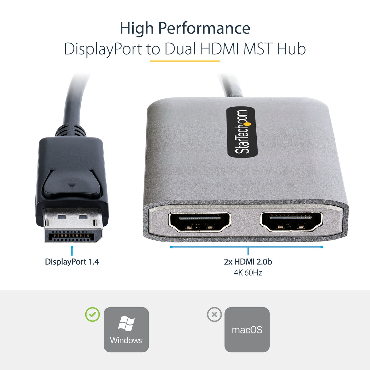 STARTECH DP to Dual HDMI MST HUB - Dual HDMI 4K 60Hz - DisplayPort Multi Monitor Adapter with 1ft | 30cm cable - DP 1.4 Multi Stream Transport Hub | DSC | HBR3 - DP to HDMI Splitter (MST14DP122HD) (MST14DP122HD)