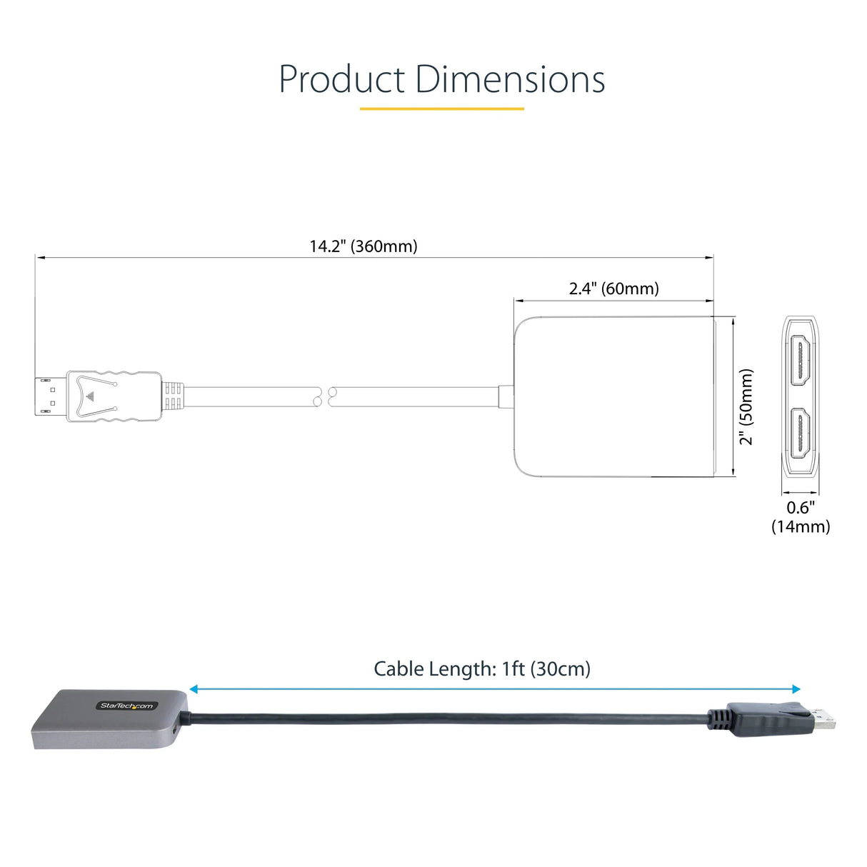 STARTECH DP to Dual HDMI MST HUB - Dual HDMI 4K 60Hz - DisplayPort Multi Monitor Adapter with 1ft | 30cm cable - DP 1.4 Multi Stream Transport Hub | DSC | HBR3 - DP to HDMI Splitter (MST14DP122HD) (MST14DP122HD)