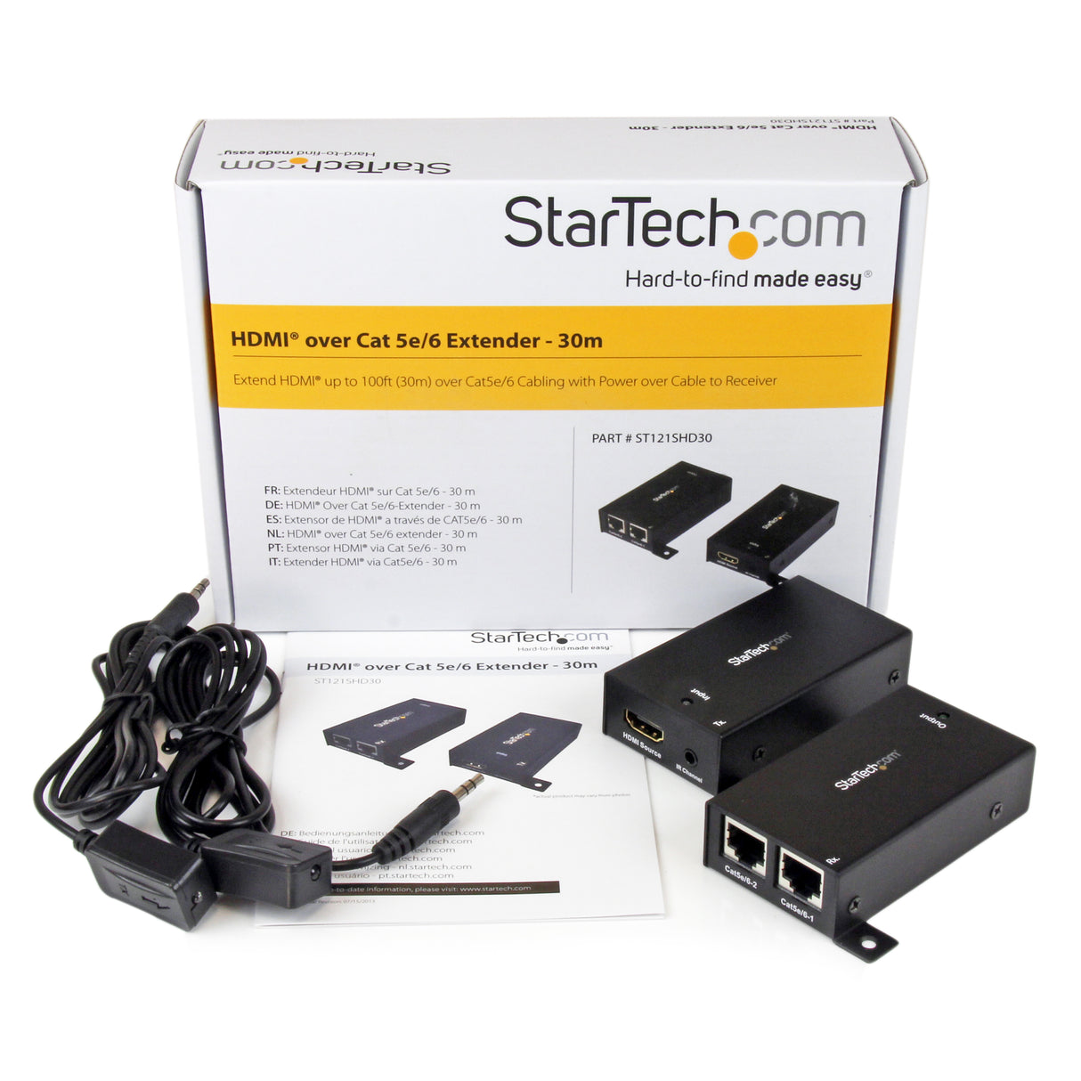 STARTECH HDMI Over Dual CAT5 | CAT6 Extender with Infrared IR 100ft |30m HDMI Over Ethernet Cable Extender Power Free 1080p (ST121SHD30)
