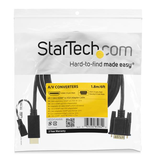 STARTECH HDMI to VGA Cable | 6ft 2m - 1080p | Active Conversion to VGA Adapter Cable for Your VGA Monitor | Display (HD2VGAMM6) (HD2VGAMM6)