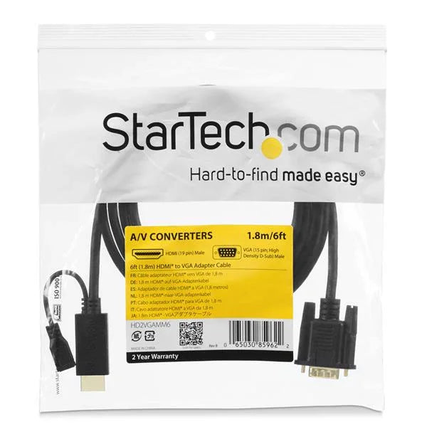 STARTECH HDMI to VGA Cable | 6ft 2m - 1080p | Active Conversion to VGA Adapter Cable for Your VGA Monitor | Display (HD2VGAMM6) (HD2VGAMM6)