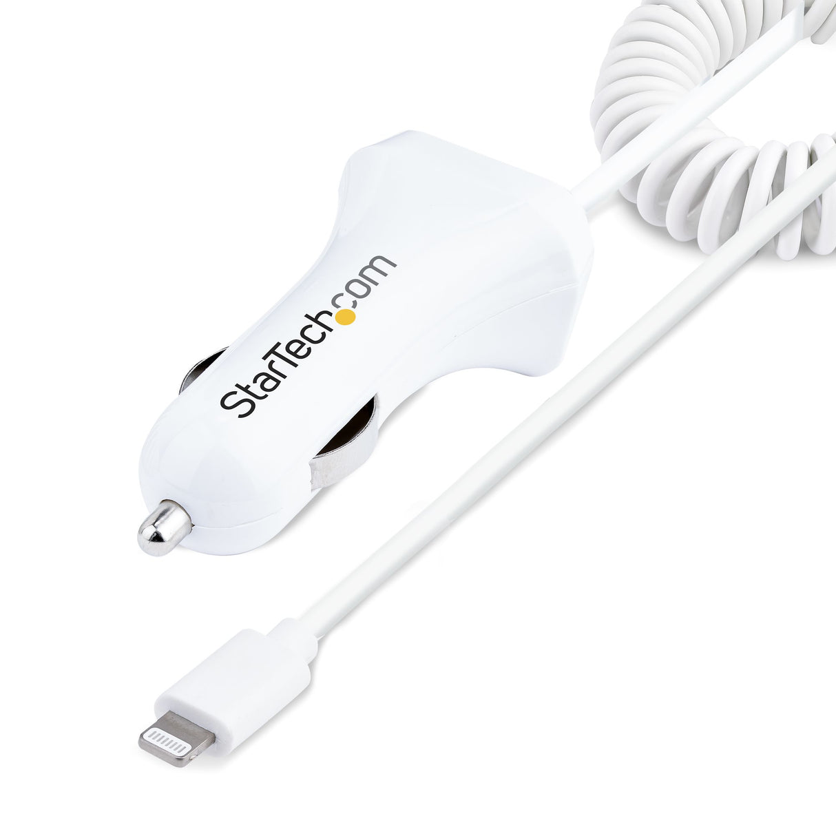 STARTECH Lightning Car Charger with Coiled Cable | 1m Coiled Lightning Cable | 12W | White | 2 Port USB Car Charger Adapter for Phones and Tablets | Dual Device In Car iPhone Charger (USBLT2PCARW2) (USBLT2PCARW2)