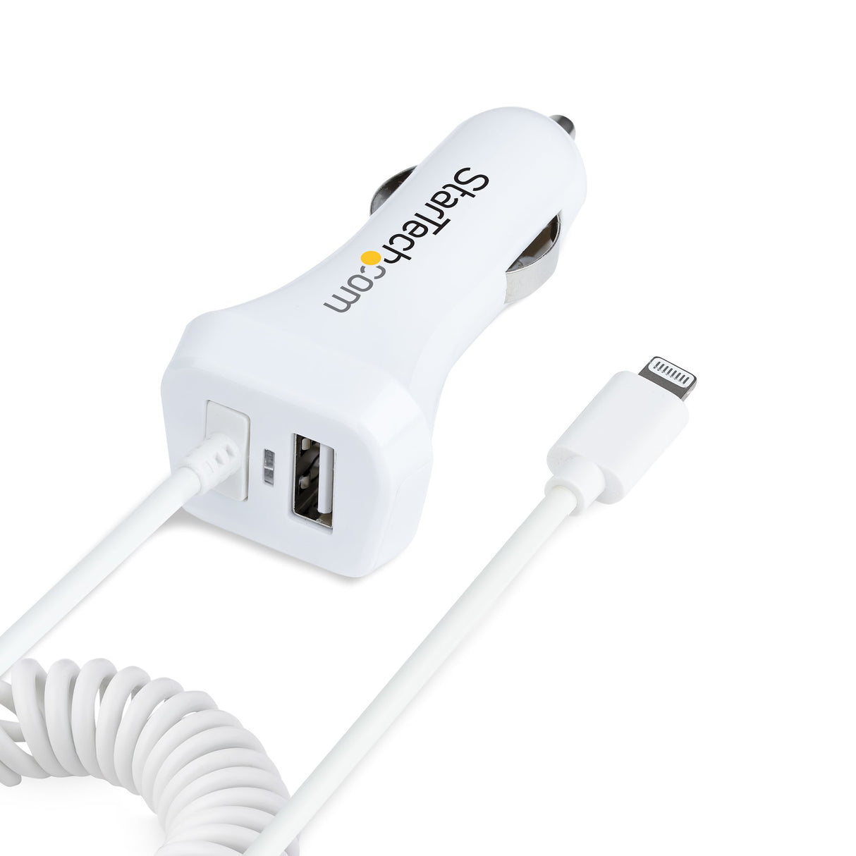 STARTECH Lightning Car Charger with Coiled Cable | 1m Coiled Lightning Cable | 12W | White | 2 Port USB Car Charger Adapter for Phones and Tablets | Dual Device In Car iPhone Charger (USBLT2PCARW2) (USBLT2PCARW2)