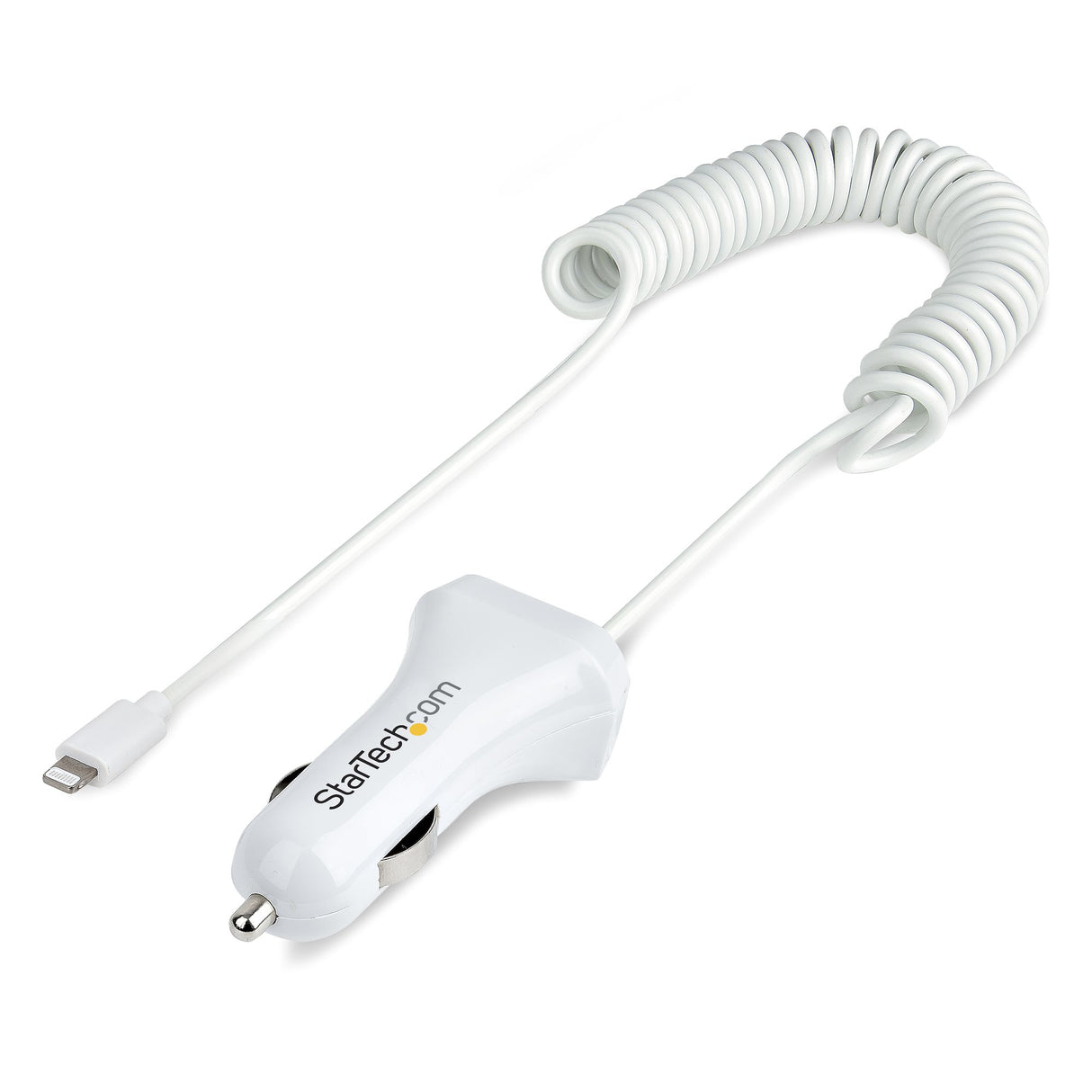 STARTECH Lightning Car Charger with Coiled Cable | 1m Coiled Lightning Cable | 12W | White | 2 Port USB Car Charger Adapter for Phones and Tablets | Dual Device In Car iPhone Charger (USBLT2PCARW2) (USBLT2PCARW2)
