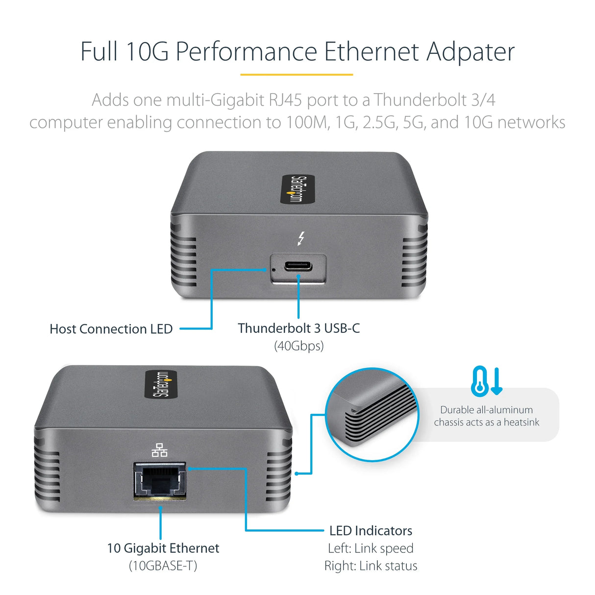 STARTECH Thunderbolt 3 to Ethernet Adapter | 10GbE | Multi-Gigabit | Thunderbolt 3 to RJ45 Network Adapter | 10GBASE-T|5-2.5GBASE-T NIC | 10G Network Adapter w| TB3-Certified Cable | Win|Mac (TB310G2) (TB310G2)