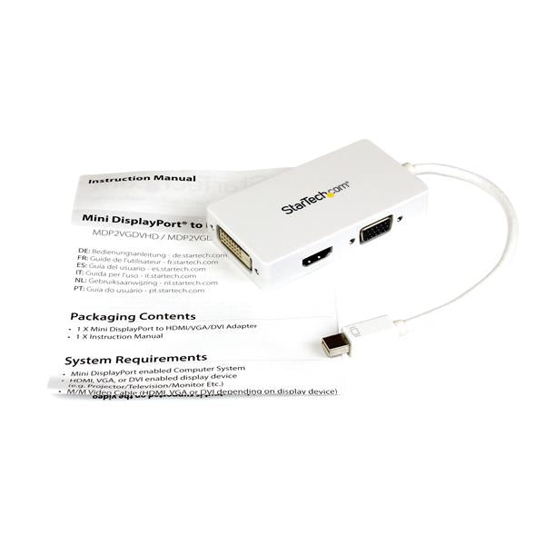 STARTECH Travel A|V Adapter: 3-in-1 Mini DisplayPort to VGA DVI or HDMI Converter - White (MDP2VGDVHDW)