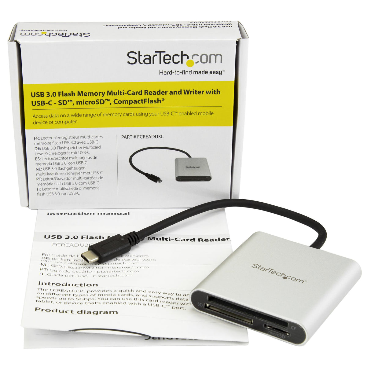 STARTECH USB 3.0 Flash Memory Multi-Card Reader|Writer with USB-C - SD microSD and CompactFlash Card Reader w| Integrated USB-C Cable (FCREADU3C) (FCREADU3C)