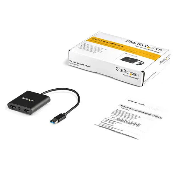 STARTECH USB 3.0 to Dual HDMI Adapter - 1x 4K 30Hz & 1x 1080p - External Video & Graphics Card - USB Type-A to HDMI Dual Monitor Display Adapter - Supports Windows Only - Black (USB32HD2) (USB32HD2)