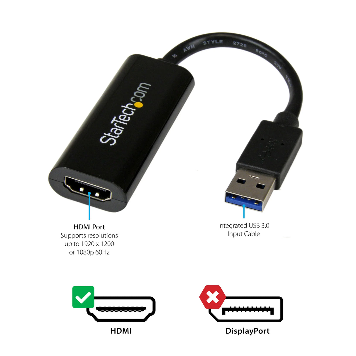 STARTECH USB 3.0 to HDMI Adapter - 1080p (1920x1200) - Slim|Compact USB Type-A to HDMI Display Adapter Converter for Monitor - External Video & Graphics Card - Black | Windows Only (USB32HDES) (USB32HDES)
