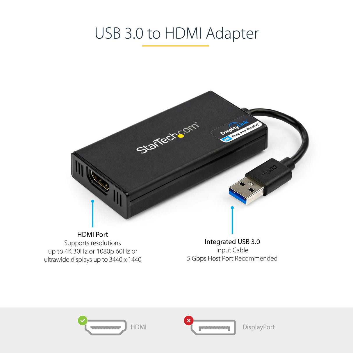 STARTECH USB 3.0 to HDMI Adapter - 4K 30Hz Ultra HD - DisplayLink Certified - USB Type-A to HDMI Display Adapter Converter for Monitor - External Video & Graphics Card - Mac & Windows (USB32HD4K) (USB32HD4K)