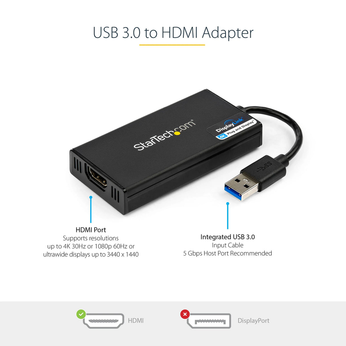 STARTECH USB 3.0 to HDMI Adapter - 4K 30Hz Ultra HD - DisplayLink Certified - USB Type-A to HDMI Display Adapter Converter for Monitor - External Video & Graphics Card - Mac & Windows (USB32HD4K) (USB32HD4K)