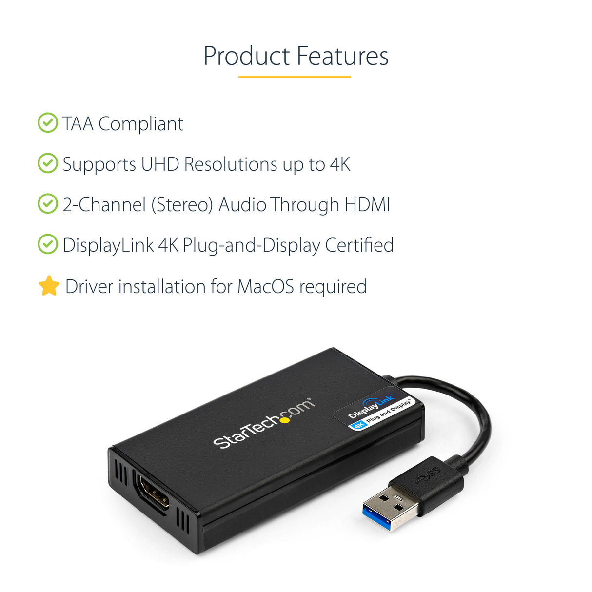 STARTECH USB 3.0 to HDMI Adapter - 4K 30Hz Ultra HD - DisplayLink Certified - USB Type-A to HDMI Display Adapter Converter for Monitor - External Video & Graphics Card - Mac & Windows (USB32HD4K) (USB32HD4K)