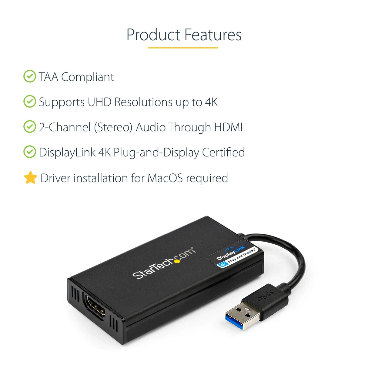STARTECH USB 3.0 to HDMI Adapter - 4K 30Hz Ultra HD - DisplayLink Certified - USB Type-A to HDMI Display Adapter Converter for Monitor - External Video & Graphics Card - Mac & Windows (USB32HD4K) (USB32HD4K)