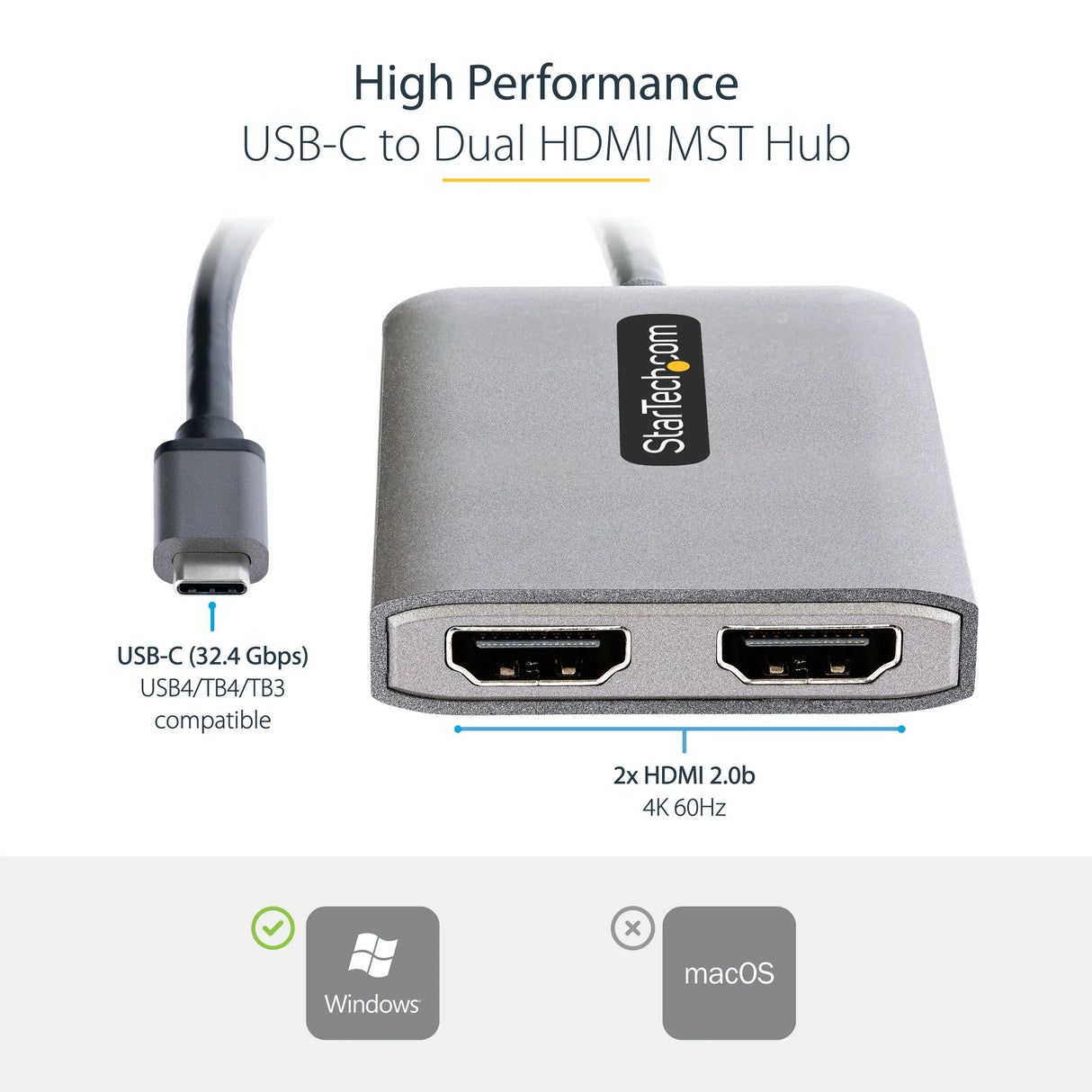 STARTECH USB-C to Dual HDMI MST HUB - Dual HDMI 4K 60Hz - USB Type C Multi Monitor Adapter for Laptop w| 1ft|30cm cable - DP 1.4 Multi-Stream Transport Hub - USB-C to HDMI Splitter (MST14CD122HD) (MST14CD122HD)